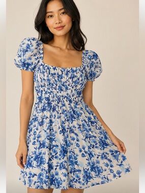 Abercrombie & Fitch Blue Floral Smocked Puff Sleeve Dress